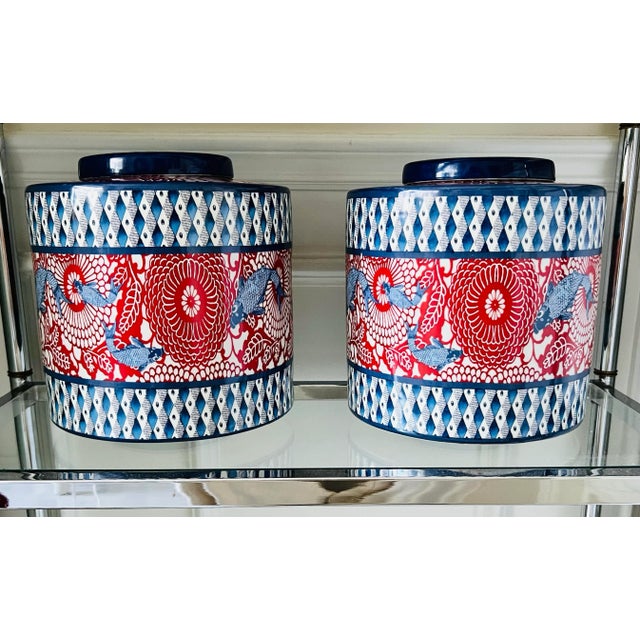 Vintage Modern Asian Chinoiserie Large Ginger Jars, Koi Fish Pattern, Designed by Jean Dange Paris, a Pair For Sale - Image 12 of 12