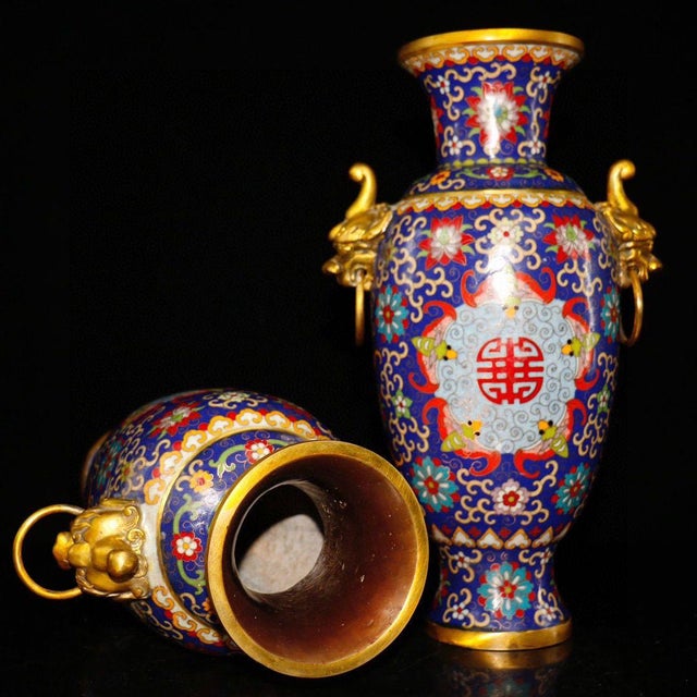 Pair of Chinese Cloisonné Vases | Gilt Bronze Handles & Taotie Mask Motif For Sale In Los Angeles - Image 6 of 9