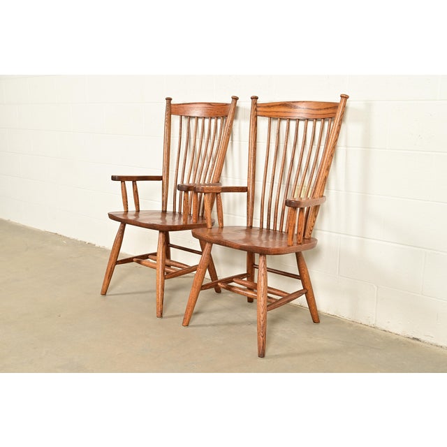 American Stickley Style American Colonial Solid Oak Spindle Back Windsor Armchairs, Pair For Sale - Image 3 of 15