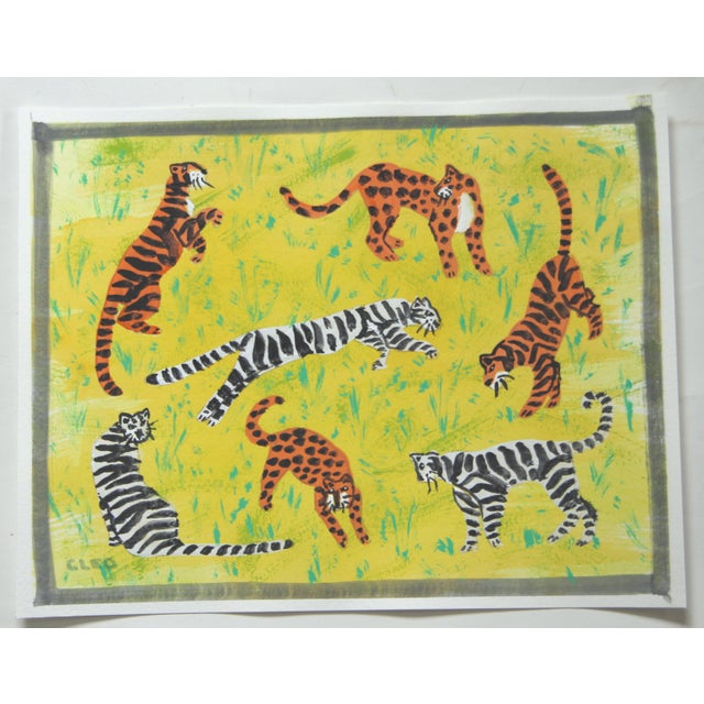 An assortment of Tigers and Leopards in a tropical landscape in black, white, goldenrod, orange and a touch of gray....