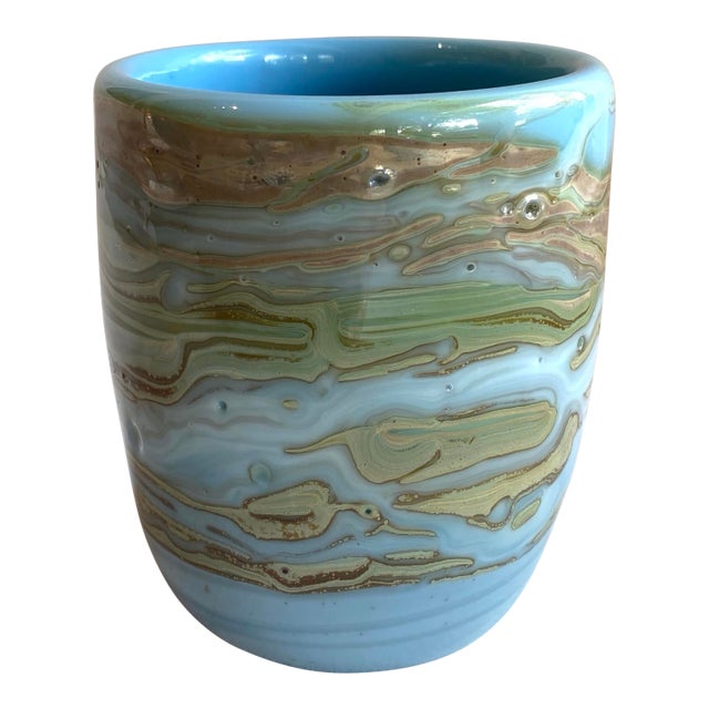 Vintage Blue and Earthy Green Glazed Ceramic Cup For Sale
