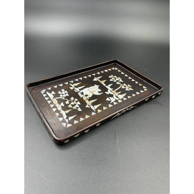 Late 19th Century Chinoiserie Mother of Pearl Inlaid Black Lacquer Tray For Sale - Image 9 of 13