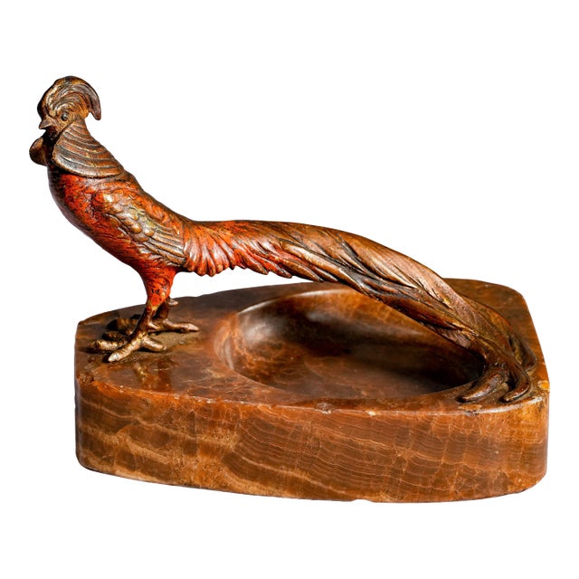 Austrian Antique Cold Painted Bronze Pheasant Bird Marble Catchall Dish For Sale