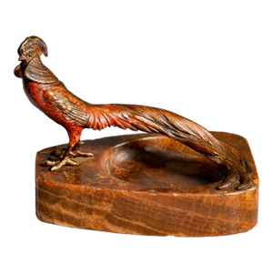 Austrian Antique Cold Painted Bronze Pheasant Bird Marble Catchall Dish