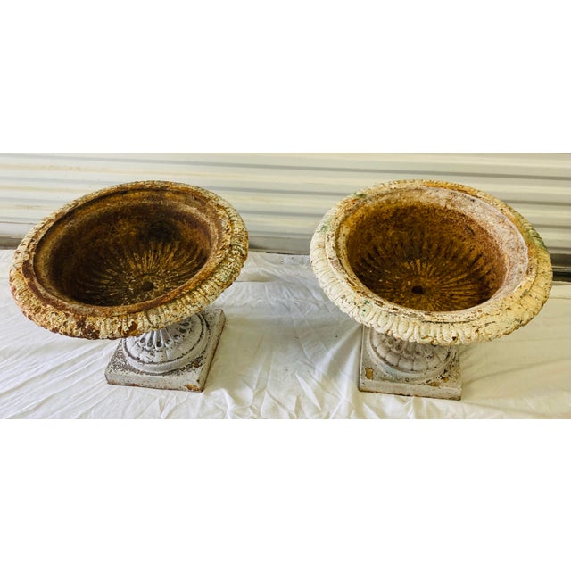 Metal Large Pair Antique White & Rust Neoclassical Iron Garden Planters Early 20th Century For Sale - Image 7 of 10