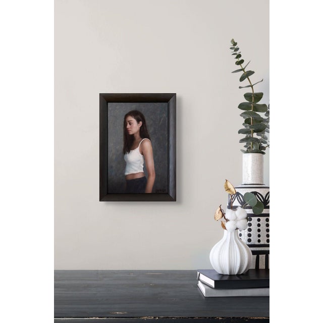 Jules by Kelly Birkenruth | Oil on Panel Portrait of a young woman in a white top. For Sale - Image 4 of 5