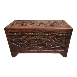 19th Century Heavily Hand-Carved Camphorwood Asian Blanket Chest Trunk