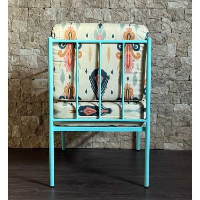 Pair of Wrought Iron Turquoise Lounge Chairs with Geometrical Fabric