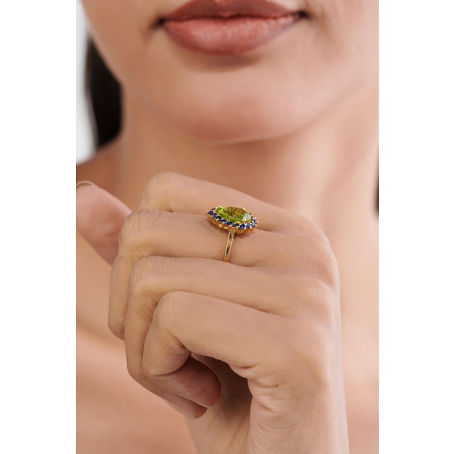 Not Yet Made - Made To Order Peridot Blue Sapphire Halo Green 14k Gold Ring Size 6.5, Fine Jewelry by VRJewels For Sale - Image 5 of 18