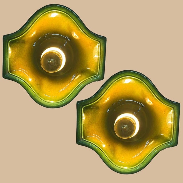 Bell-Shaped Green Ceramic Wall Lights attributed to Hustadt Keramik, Germany, 1970s For Sale - Image 3 of 12
