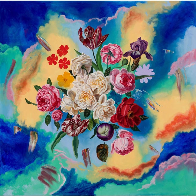 Flowers Floating in Chromatic Clouds by Robin Hextrum | Oil on Panel Bouquet of colorful flowers For Sale
