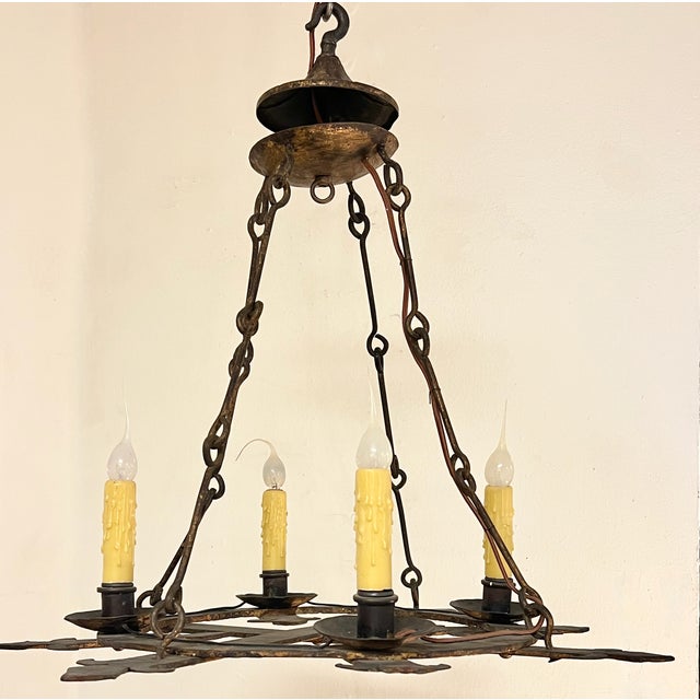 Spanish Revival Hand Forged Gilt Iron 4 Lite Chandelier- Circa 1930 For Sale In San Diego - Image 6 of 11