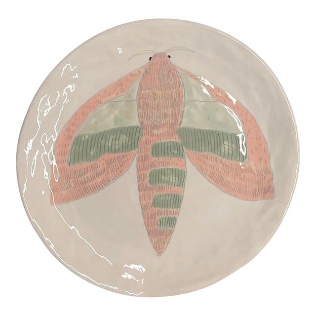 Vintage Hand-Painted Ceramic Moth Decorative Charger Plate For Sale