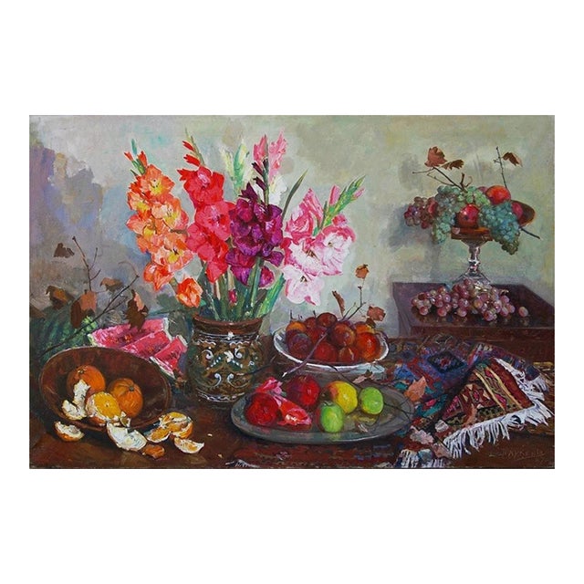 Vintage Still Life Oil Painting: Flowers and Fruit For Sale