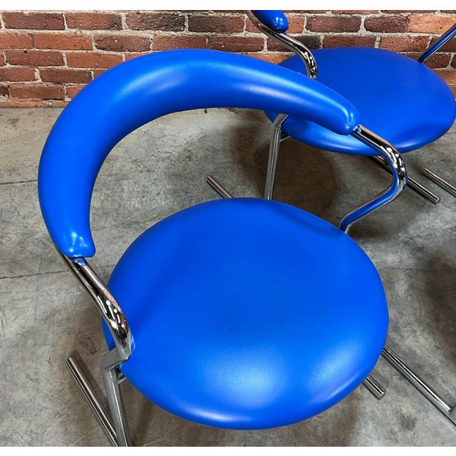 Mid Century Modern Blue Vinyl & Chrome Dining Chairs by Anton Lorenz