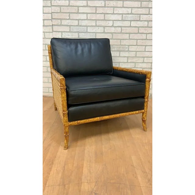 Vintage Interior Crafts Cane, Faux Bamboo and Black Leather Lounge Chair For Sale - Image 11 of 11