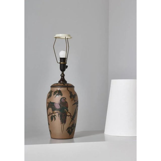 Art Nouveau Ceramic Table Lamp Hand Decorated with Parrots, Denmark, 1930s For Sale - Image 9 of 12