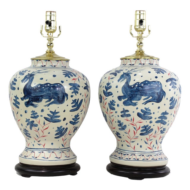 Pair of Vintage Brunschwig & Fils Cadiz Table Lamps - Blue and Cream Ceramic With Boar and Deer Motif For Sale