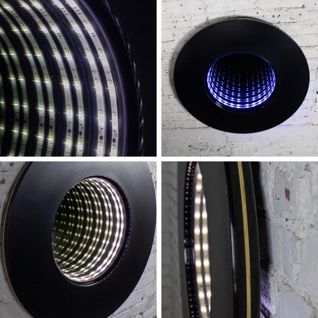 Late 20th Century Modern to Postmodern Infinity Vortex Wall Mirror Round Black Laminate Frame For Sale - Image 13 of 18
