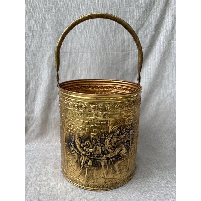 Metal Vintage Raised Repousse Brass Fire Wood Bucket For Sale - Image 7 of 13
