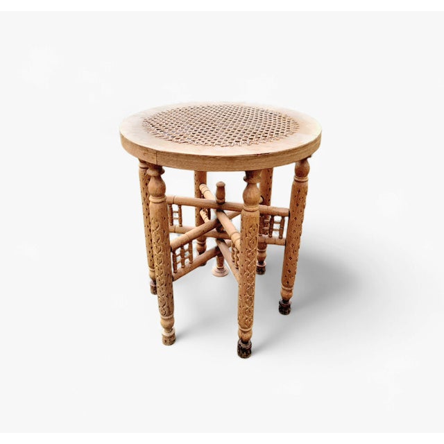 Vintage Spanish Hand-Carved Wood Stool with Woven Cane Seat, 1950s For Sale - Image 13 of 13
