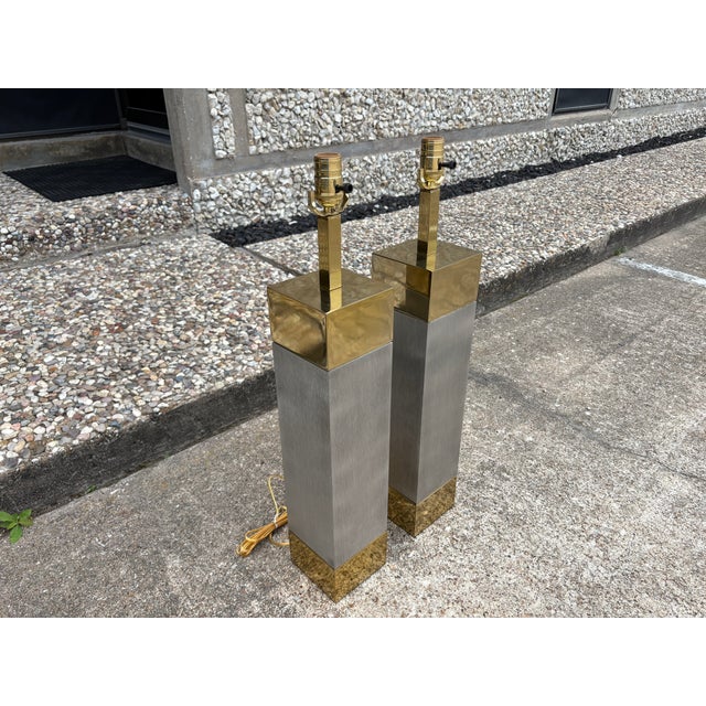1980s Frederick Cooper Stainless Steel and Brass Lamps - a Pair For Sale - Image 13 of 14