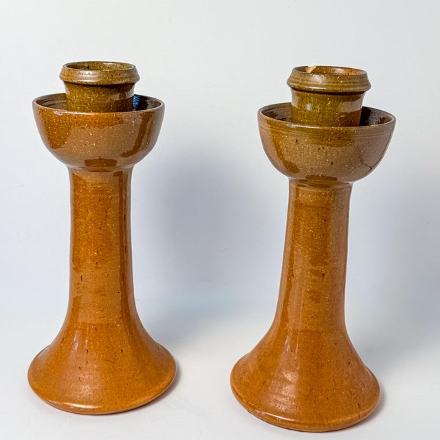 Ben Owen Sr Master Potter Candlesticks Pair Nc Pottery Tobacco Spit Glaze For Sale In Raleigh - Image 6 of 12