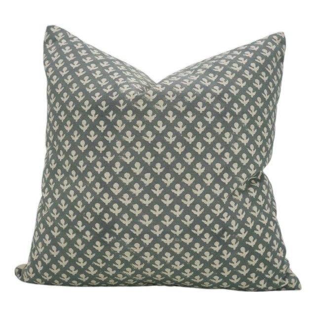 Fabdivine Handmade Block Print Linen Blend Throw Pillow Cover 22x22– Hariyali Green Floral Design For Sale