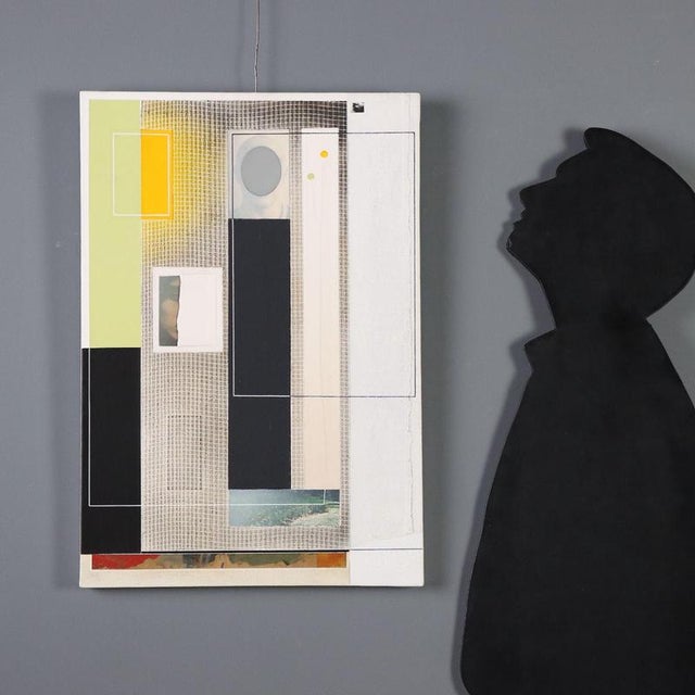 Mixed media on canvas. The back features the signature, title, technique, and date. The plywood panel attached to the back...