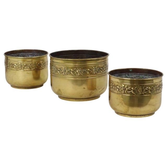 Brass Repoussé Flower Planters, Set of 3 For Sale - Image 4 of 18