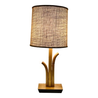 MCM Bamboo Rattan Wood Table Lamp Original Finial and Lampshade - Coastal Tiki Boho Decor For Sale