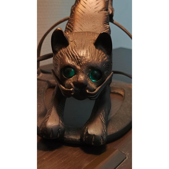 Metal Vintage Heavy Cast Iron Cat Lamp With Hand-Blown Amber Glass Shade For Sale - Image 7 of 10