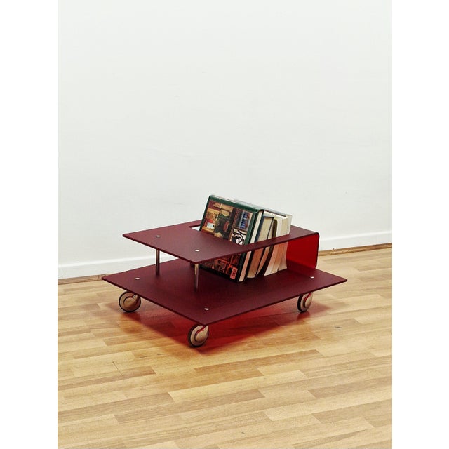 Italian Coffee Table in Burgundy Acrylic Glass and Chrome Wheels, 1990s For Sale - Image 14 of 14