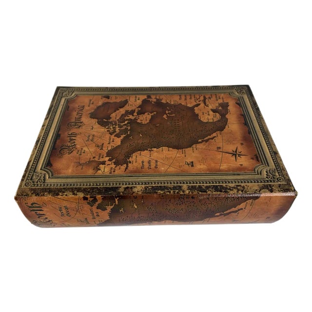 2020s Vintage Decorative Faux Leather Quarto Book Box, Kunstversteck's Vintage Style Book Box "Treasure Chest Map" Leather Look For Sale