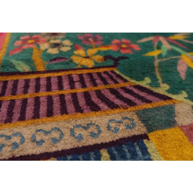 1920s Green Garden Landscape Antique Chinese Art Deco Carpet 2' 6'' X 4' 5'' Knotted Wool Rug For Sale In New York - Image 6 of 10
