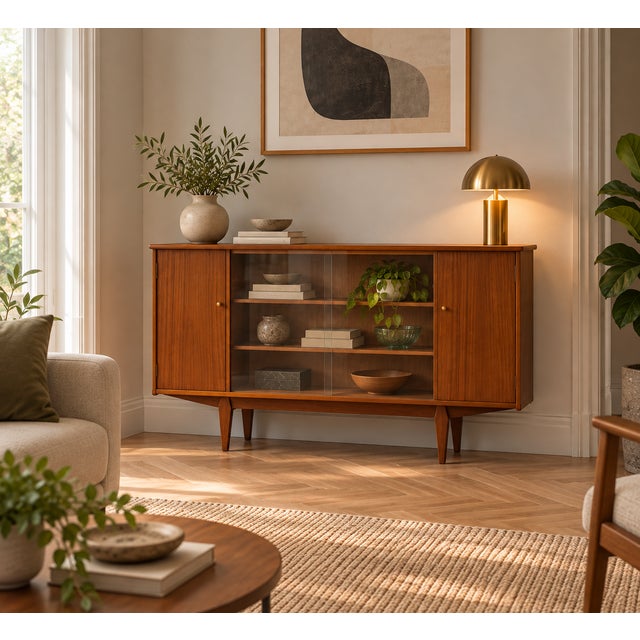 A stylish 1960s mid-century display cabinet in a warm teak finish, featuring central sliding glass doors with adjustable...