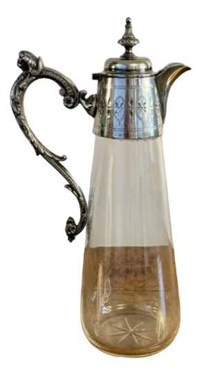 Antique Victorian Glass and Silver Plated Claret Jug, 1880