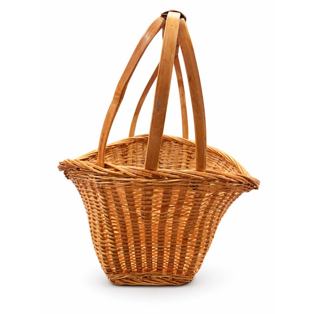Boho Chic Vintage Wicker Gathering Basket With Wrapped Bamboo Handle For Sale - Image 3 of 8