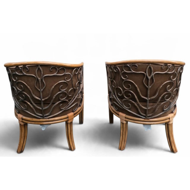 Hollywood Regency Pair of Maitland-Smith Hollywood Regency Wooden Faux-Bamboo Tub Chairs With Wrought-Iron Scrollwork, Philippines For Sale - Image 3 of 14