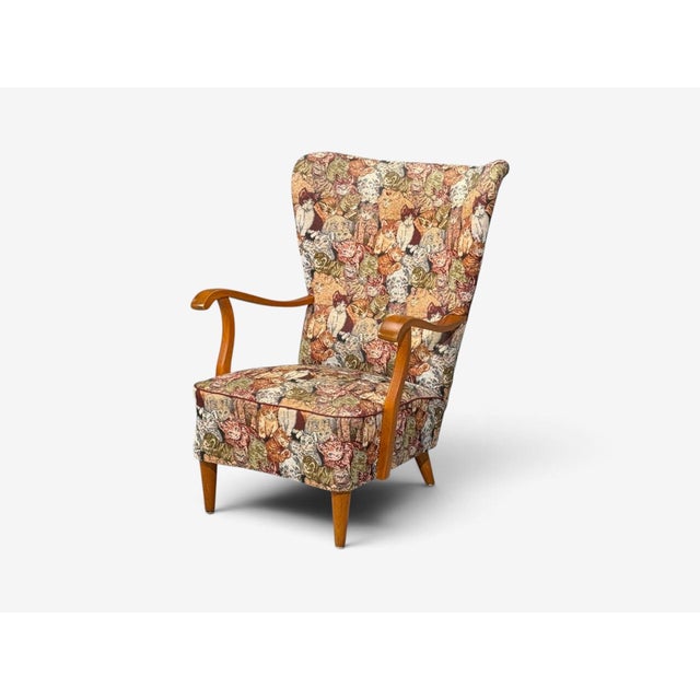 1950s Swedish Modern, Wingback Lounge Chair, Birch, Fabric, Sweden, 1950s For Sale - Image 5 of 12
