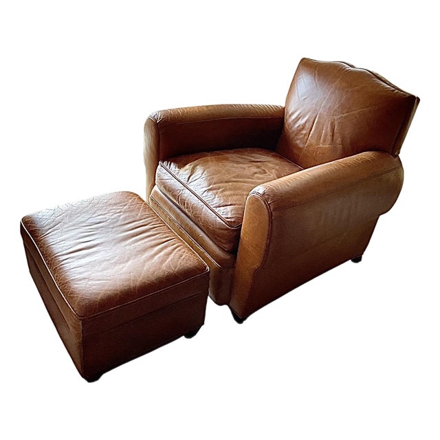 Vintage Vanguard Leather Club Chairs With Ottoman For Sale