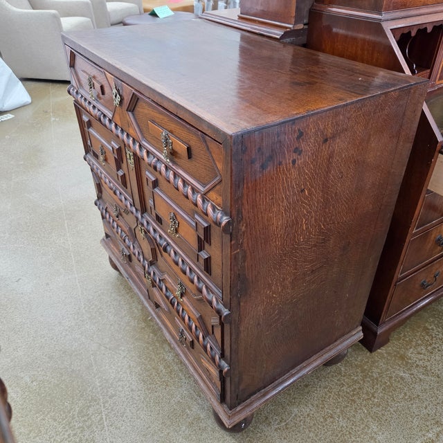 Antique Oak Jacobean 4 Drawer Chest on Large Bun Feet For Sale - Image 4 of 8