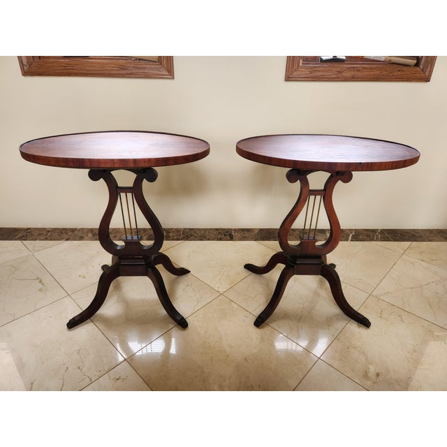 1960s Pair of Victorian Style Lyre Harp Side Tables - Mahogany For Sale - Image 11 of 11