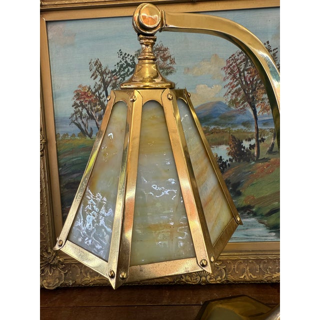 Arts & Crafts Antique Arts and Crafts Brass and Slag Stained Glass Lamp c.1910 by Salo Metal Arts Company For Sale - Image 3 of 11