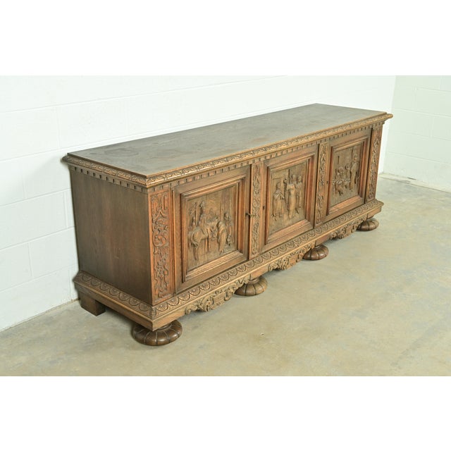 R. J. Horner & Co. Antique Danish Renaissance Revival Carved Oak Sideboard or Bar Cabinet, Circa 1890s For Sale - Image 4 of 13