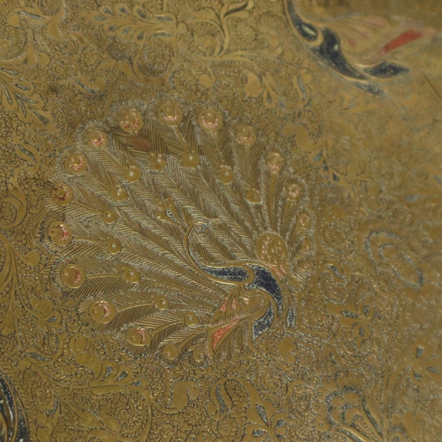 Vintage Asian tray with engraved peacock decoration and fine details all around, ornate floral handles on either side,...