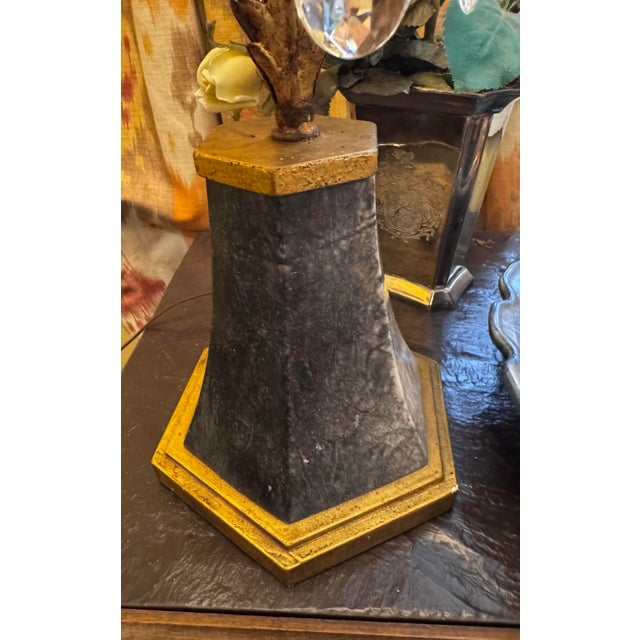 Mid 20th Century Vintage Hollywood Regency Italian Style Gilt Tole and Crystal Prism Table Lamp - a Pair For Sale - Image 5 of 9
