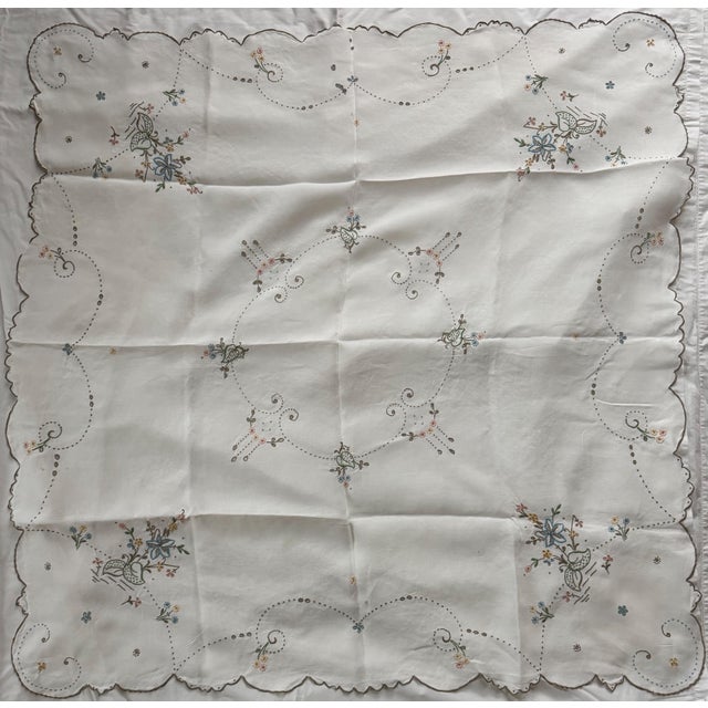 Exquisite 40 x 40" tablecloth from Madeira Portugal Hand embroidered with scalloped edge. They do not make them like this...