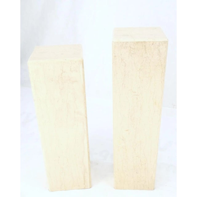Mid-Century Modern Square Beveled Tall Travertine Marble Pedestals End Tables - Set of 2 For Sale - Image 12 of 13