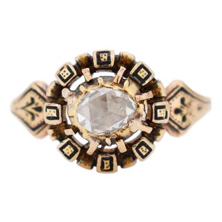 Neo-Renaissance Ring in 18 Carat Gold, Enamel and Diamond, Size 8 For Sale